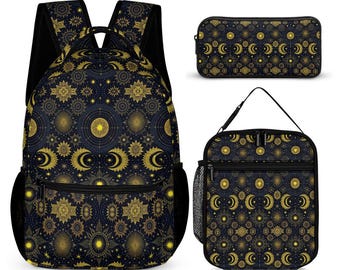 Celestial Sun Moon School Bag Set: Gothic Backpack, Lunch Bag & Pencil Case