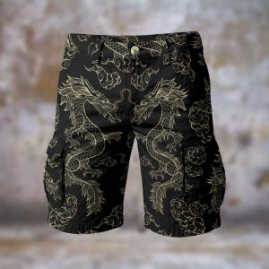 May include: Black cargo shorts with a gold dragon and cloud pattern. The shorts have two side pockets and a button closure. The dragon design is symmetrical, with one dragon on each leg, and the clouds are scattered throughout.