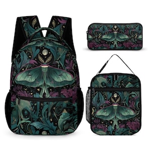 May include: A backpack, pencil case, and lunch bag set. Each item features a dark teal, purple, and black floral pattern with a large moth design. The backpack has black mesh side pockets and adjustable straps. The lunch bag has a handle and a mesh side pocket.
