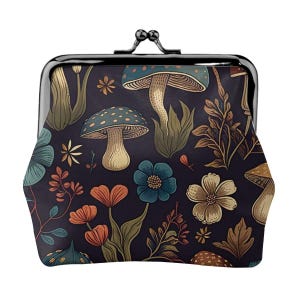 Monedero de piel con forma de hongo con cierre de beso / Monedero vintage botánico / Estuche con cierre natural estilo bohemio / Regalo para ella