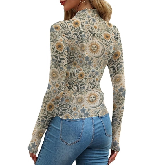 Celestial Sun Moon Mesh Top, Vintage Floral Sheer Shirt