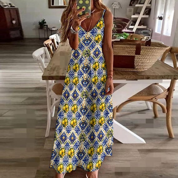 Mediterranean Lemon Long Maxi Dress, Italian Coastal Tile Print Sling Gown, Ankle Length Summer Sundress, Boho V-Neck Vacation Outfit