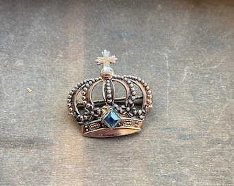 Vintage Crown with Cross Brooch, Blue Stone, Silver Tone, Delicate, Light, Dainty, Pin, Brooch, Lapel, Scarves, Fashion,