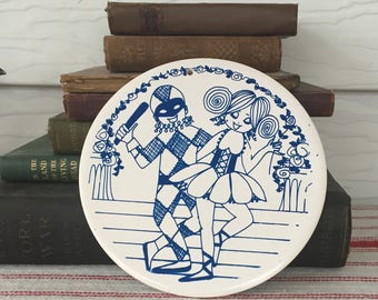 Vintage Bygdo Scandinavian Design Trivet, Jester and Dancer, Blue and White, Kitchenalia, Clown and Dancer, Harlequin and Maiden, Oddities
