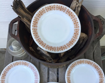 Set of 4 Vintage Pyrex # 713 Filigree Bread and Butter Plates, Brown Scroll Pattern On Milk Glass Tableware Restaurant Ware Diner Dishes