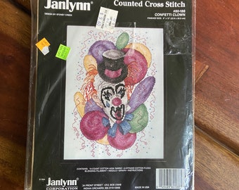 Vintage 1994 Janlynn Counted Cross Stitch Kit #80-188 Confetti Clown 9x12 SEALED