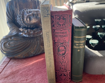 Grouping of 3 Vintage Small Books, Staging, Decor, Shelf, Real Estate, Lowell's Vision of Sir Launfal,  Dictionary, Daily Light, Antique