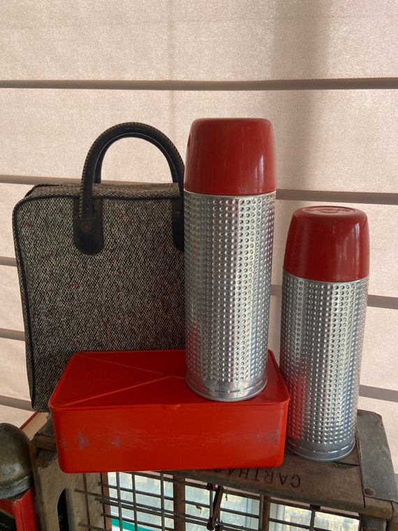 Vintage Aluminum Pint Size Thermos With Red Lid. Old Thermos Mug. 