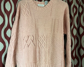 Vintage 80s Express Sweater, Companie Internationale, Pink, Blush, Baby Pink, Cotton, Heavy Weave, Retro, Made in Hong Kong
