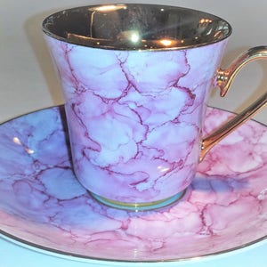 REDUCED PRICE! Vintage Porcelain Teacup and Saucer Set - Pink “Marble”