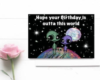 Alien Birthday Card. Cute Alien Family Card. Funny Birthday Card. Hope Your Birthday Is Outta This World Card.