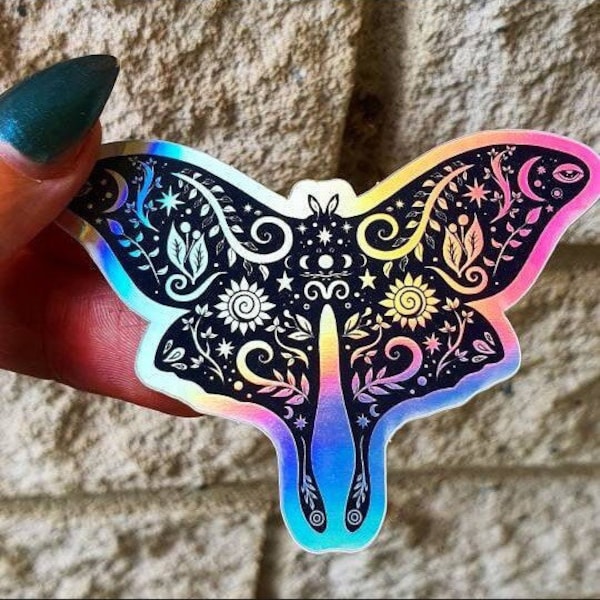 Moth Holographic  Sticker. Sun And Moon Sticker. Witch Sticker. Laptop Sticker. Flask Sticker. High quality Trippy Sticker