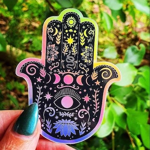 Hamsa Hand Holographischer Aufkleber. Buddha Hand Sticker. Sonne und Mond Sticker. Laptop Aufkleber. Fläschchen Sticker. Hochwertige Lotus Flower Sticker