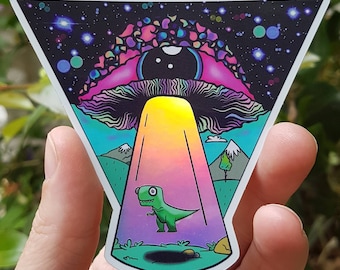 Holographic Alien Mushroom Eyeball Dinosaur Spaceship Abduction sticker. UV indoor / outdoor Stickers - Trippy sticker. Laptop Sticker.