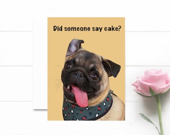 May include: A pug dog with a green and white bandana with red hearts, sticking its tongue out and looking at the camera. The text "Did someone say cake?" is written above the dog.