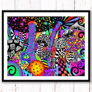 Trippy Mushroom Psychedelic Print. Alice in wonderland inspired. A3, A4, A5 or 4”x6”