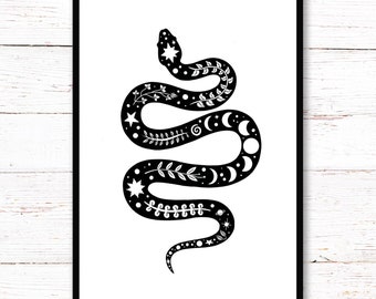 Slang Art Print | Sterren zon en maan afdrukken. Zwart-wit afdrukken. Mooie slangenprint