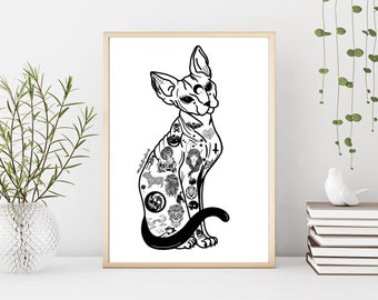 Sphynx Cat Art Print | Hairless Cat Print. Halloween