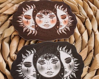 Etiqueta engomada del sol y de la luna. Pegatina impermeable en blanco y negro. Etiqueta engomada del matraz. Pegatinas Trippy de alta calidad. Etiqueta engomada del ordenador portátil