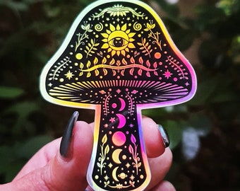 Mushroom Holographic Sticker. Sun Moon And Stars Sticker. Witchy Sticker. Laptop Sticker. Flask Sticker. High quality Trippy Sticker