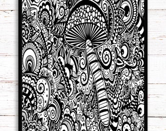 Arte de cogumelo trippy. Mandala Preto e Branco. Psicodélico. A3, A4, A5 ou 4”x6”