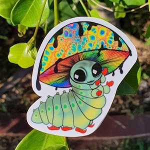 Mushroom Alien Caterpillar Sticker Trippy sticker. Psychedelic Laptop Sticker. Vinyl Magic Mushroom Sticker.