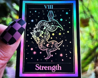Kracht tarotkaart holografische sticker. Slang Sticker. Waterdichte stickers. Trippy-stickers van hoge kwaliteit. Laptopsticker.
