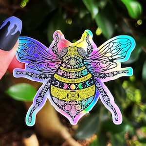 Autocollant holographique abeille. Abeille à miel. Autocollant soleil et lune. Sticker sorcière. Sticker pour ordinateur portable. Beau autocollant de haute qualité