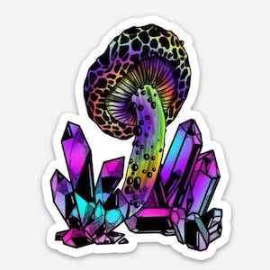 Sticker paddenstoelkristallen. Waterdichte stickers: Trippy-sticker. Laptopsticker.