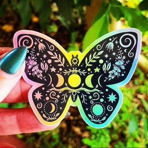 Sticker holographique papillon. Autocollant soleil et lune. Sticker sorcière. Sticker pour ordinateur portable. Sticker flacon. Sticker Trippy de haute qualité