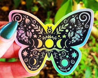Butterfly Holographic Sticker. Sun And Moon Sticker. Witchy Sticker. Laptop Sticker. Flask Sticker. High quality Trippy Sticker
