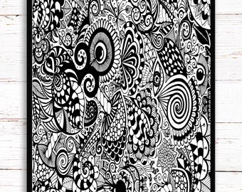 Mandala Trippy Preto e Branco. Cogumelo Psicodélico. A3, A4, A5 ou 4”x6”
