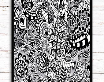 Mandala Trippy Preto e Branco. Cogumelo Psicodélico. A3, A4, A5 ou 4”x6”