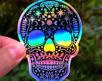 Holographic Skull Sticker. Sun And Moon Skull. Halloween Skull. High Quality Sticker.