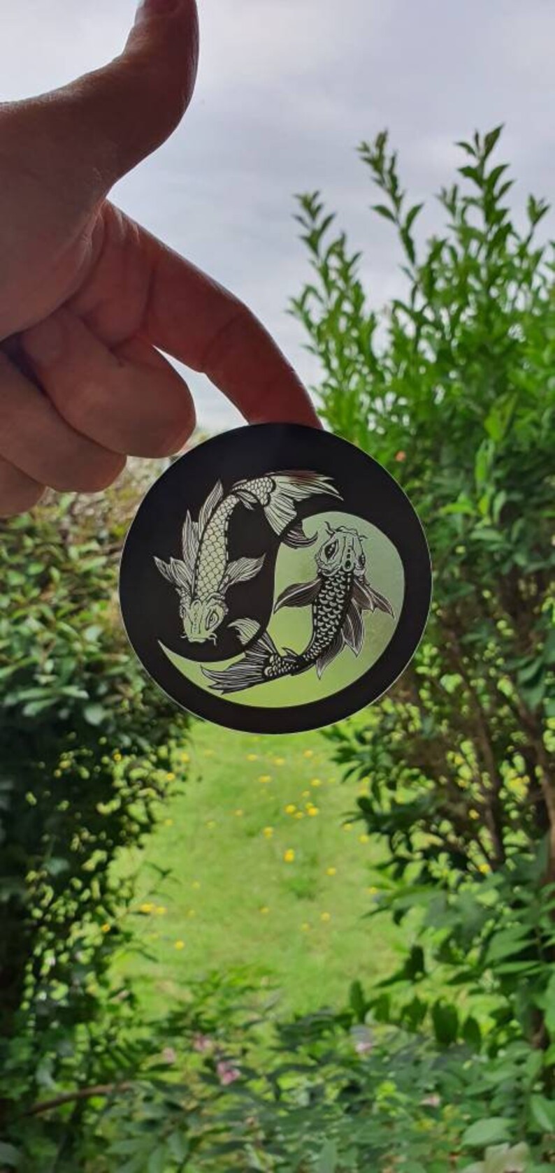 May include: A round black sticker featuring two koi fish in a yin-yang design. The fish are white with detailed scales and fins, set against a light green background. The sticker is held up against a backdrop of green foliage.
