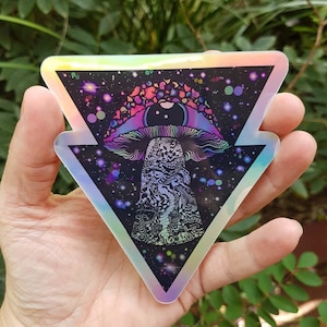Autocollant extraterrestre champignon holographique. Autocollant Trippy de vaisseau spatial de globe oculaire de champignon. Stickers UV intérieur/extérieur - Sticker ordinateur portable. Autocollant flacon