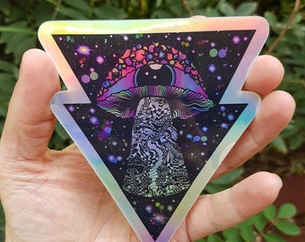 Autocollant extraterrestre champignon holographique. Autocollant Trippy de vaisseau spatial de globe oculaire de champignon. Stickers UV intérieur/extérieur - Sticker ordinateur portable. Autocollant flacon