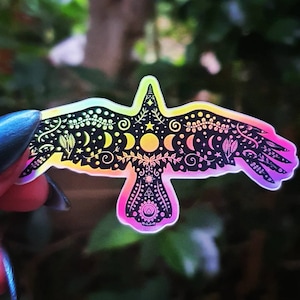Pegatina holográfica de cuervo. Etiqueta engomada del sol y de la luna. Etiqueta engomada de la bruja. Etiqueta engomada del ordenador portátil. Etiqueta engomada del matraz. Pegatina Trippy de alta calidad