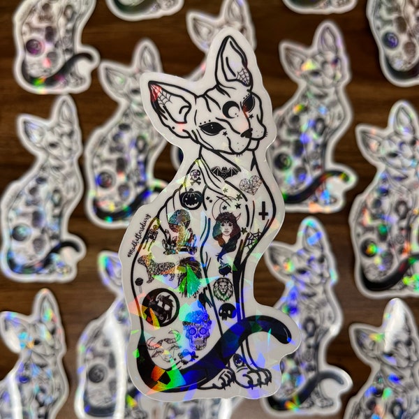 Large Sphynx Cat Clear Sticker. Clear Holographic Halloween Tattooed Cat Sticker. High quality Trippy sticker