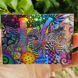 Holographic Mushroom Trippy Sticker. Psychedelic sticker indoor / outdoor Stickers - High quality Holographic stickers. Laptop Sticker.