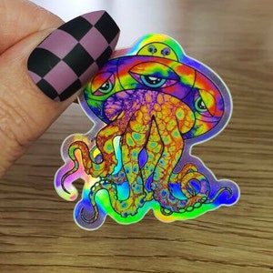 Alien Octopus UFO. Holographic Stickers. Psychedelic Trippy sticker. UV Stickers - High quality Trippy sticker. Laptop sticker.