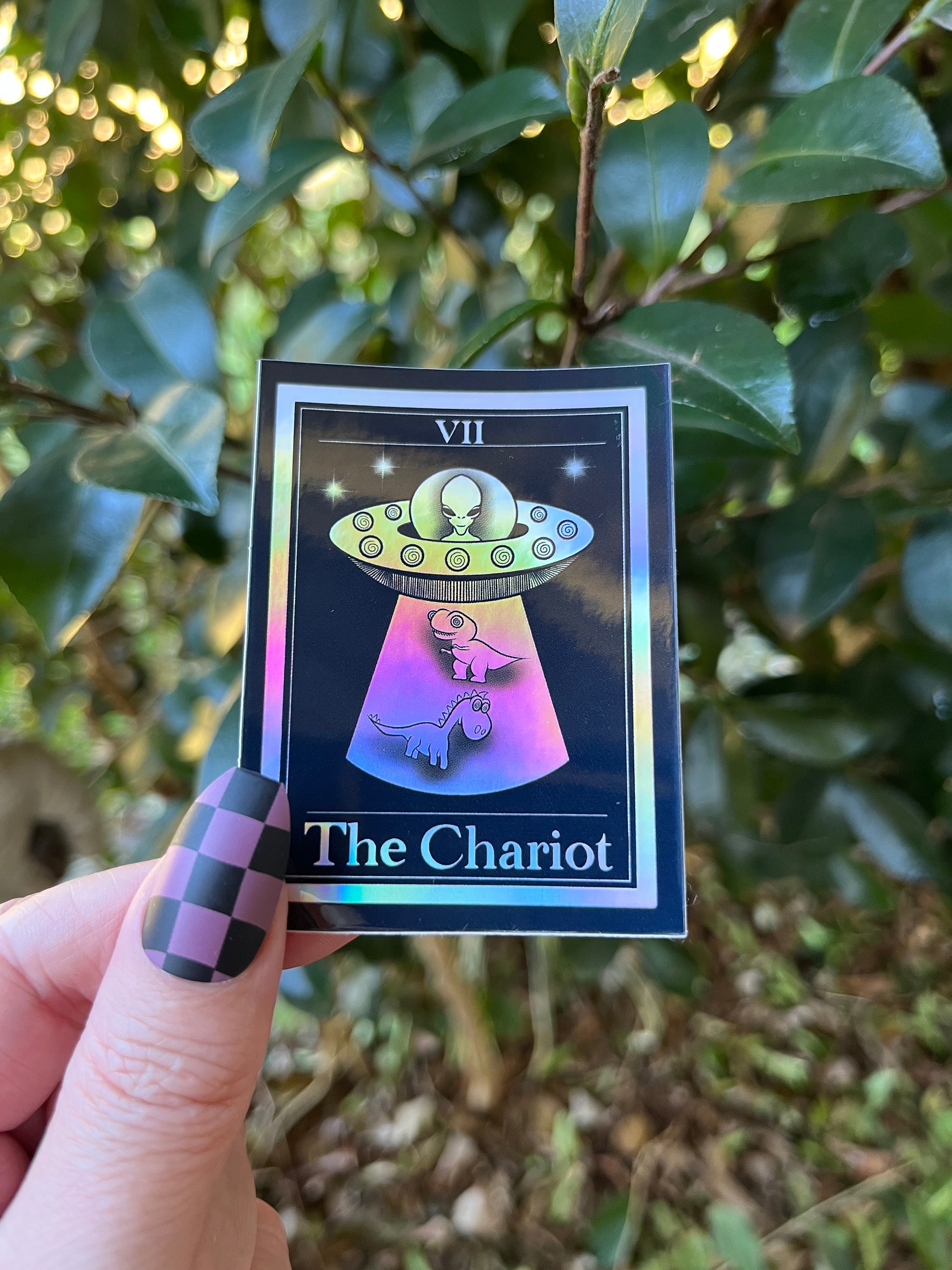 The Chariot Tarot Card Holographic Sticker. Dinosaur Alien Abduction ...