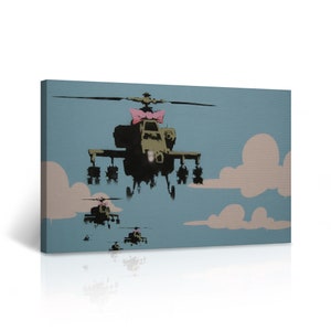 Banksy Canvas Wall Art Pink Bow Wearing Helicopter from London Graffiti Artwork Wall Decor for Living Room Home Decor