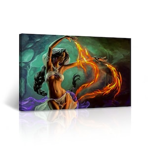 Woman in Fantasy Half Naked Lady Fire Painting Modern Wall Art CANVAS PRINT Bedroom Wall Decor Framed Stretched - Ready to Hang