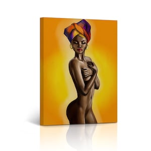 Naked African Woman Head Wrap Yellow Background Modern Art Painting CANVAS PRINT African Wall Art Modern Bedroom Wall Decor Ready to Hang