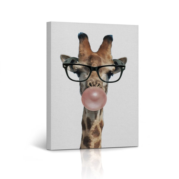 Cute Giraffe with Glasses Blowing Light Brown Bubble Gum Colored Portrait Animal Canvas Wall Art Print for Kids Boy Girl Room Wall Decor