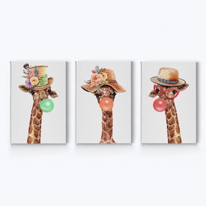 Cute Giraffes with Hat Chewing Green Orange Red Bubble Gum 3 Piece Set Woodland Canvas Wall Art Print for Kids Boy Girl Room Wall Decor