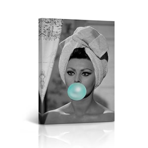 Sophia Loren Teal Blue Bubble Gum Chewing Gum Black and White Portrait Pop Art Canvas Wall Art Print Office Living Room Bedroom Home Decor