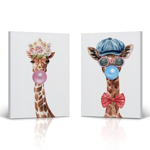 Giraffe with Flower Crown and Hat Chewing Pink Blue Bubble Gum 2 Piece Set Woodland Canvas Wall Art Print for Kids Boy Girl Room Wall Decor