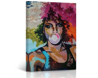 May include: A colorful painting of a person with a large afro hairstyle blowing a bubble. The person is wearing a dark tank top and has a light blue background.